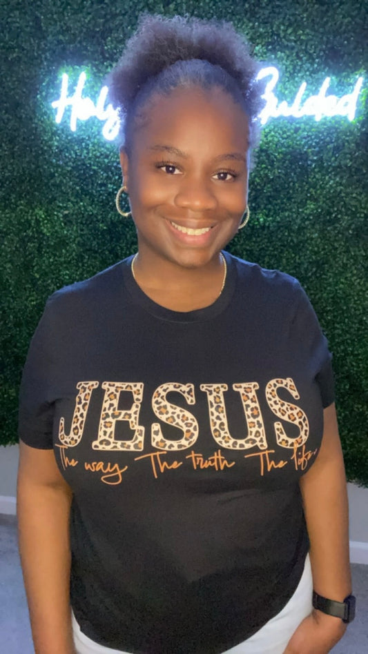 JESUS CHEETAH PRINT THE WAY THE TRUTH THE LIFE.... SHORT BLACK SLEEVE SHIRT