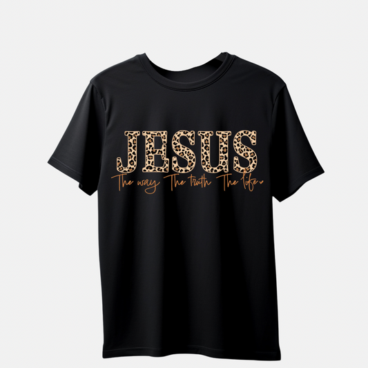 JESUS CHEETAH PRINT THE WAY THE TRUTH THE LIFE.... SHORT BLACK SLEEVE SHIRT